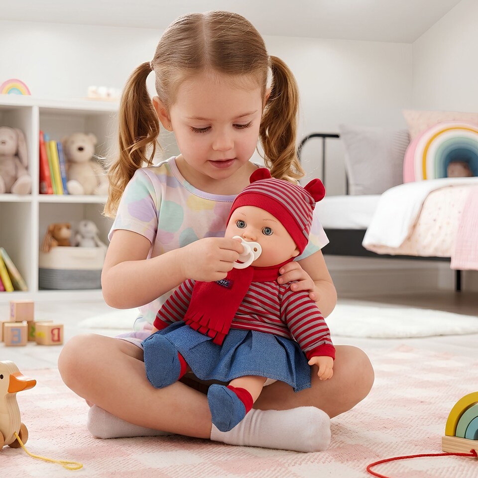 image 1 of BiBi Doll 16" Baby Doll Girl With Red Outfit, Sounds, Toy Dummy & Moving Eye Lids
