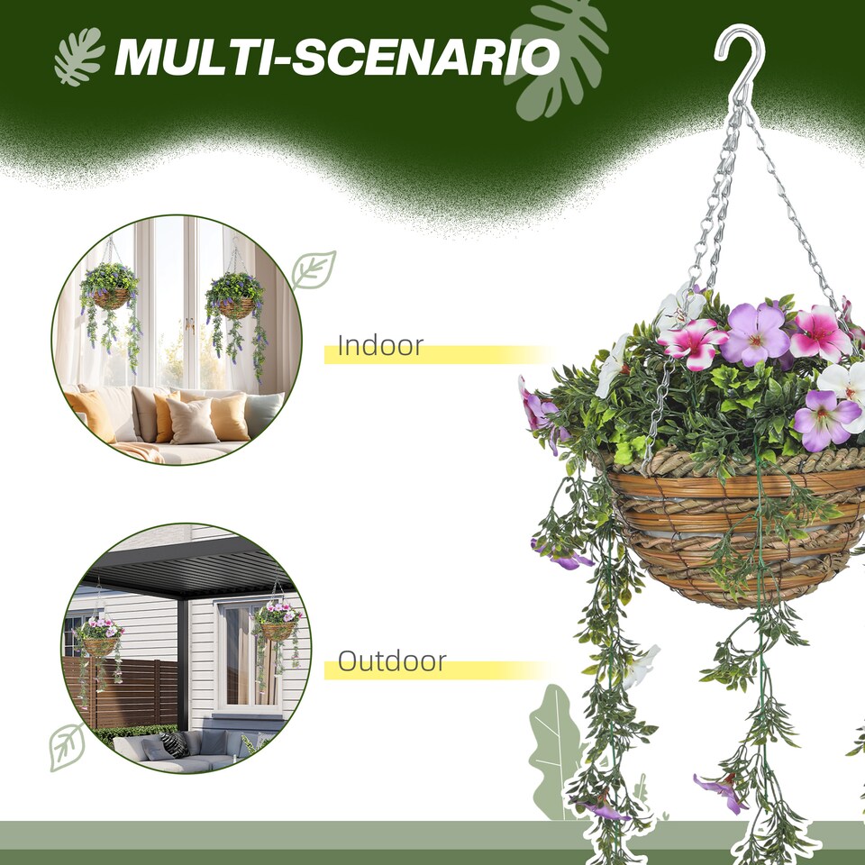 image 1 of HOMCOM Set of 2 Artificial Silk Azalea Flowers, Hanging Planters with Basket, FauPlants for Home Indoor Outdoor Decor, Pink and White