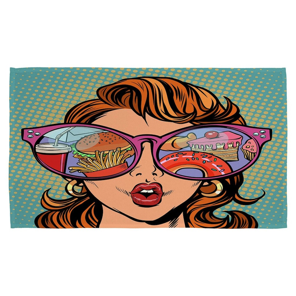 image 1 of Woman with sunglasses. Fast food and sweets in the reflection (Kitchen Towel)