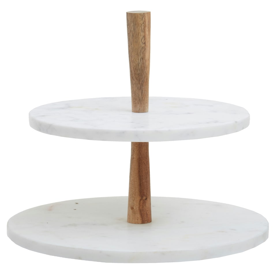 image 1 of Monzaro Two Tier Marble and Acacia Wood Cake Stand White