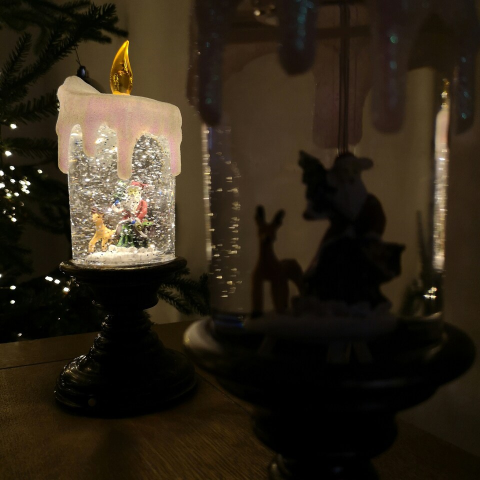image 1 of 25cm Snowtime Dual Power LED Water Spinner Candlestick with Santa Scene