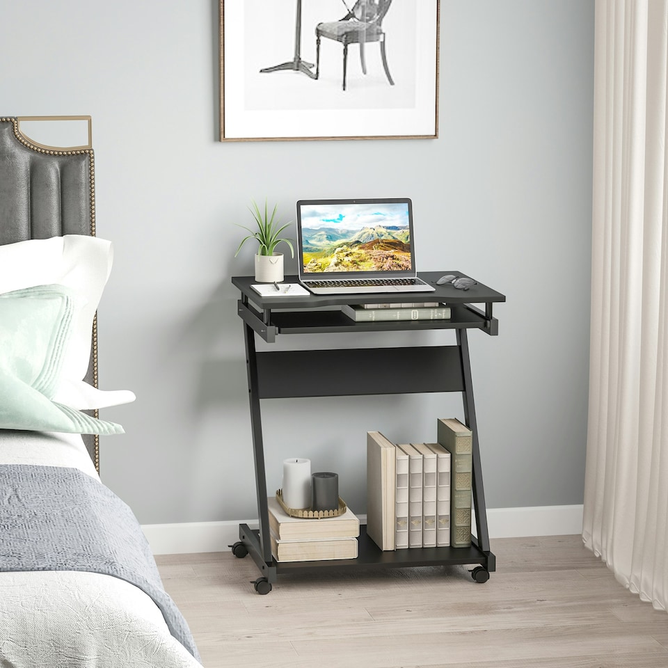 image 1 of HOMCOM Movable Computer Desk with 4 Moving Wheels Sliding Keyboard Tray Black