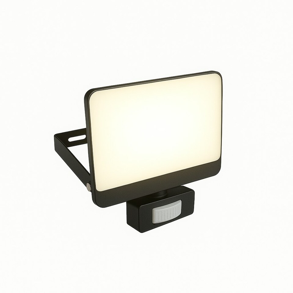 image 1 of CGC PARRY 30W LED PIR Motion Sensor Floodlight Black Body with Full Front White Opal Diffuser 2700lm 4000k Black