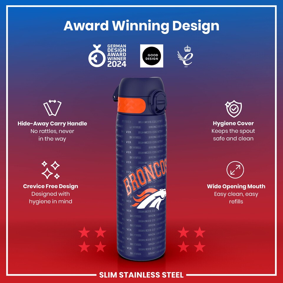 image 1 of Leak Proof Slim Water Bottle, Stainless Steel, NFL, 600ml (20oz) | Blue | NFL Broncos | One Size