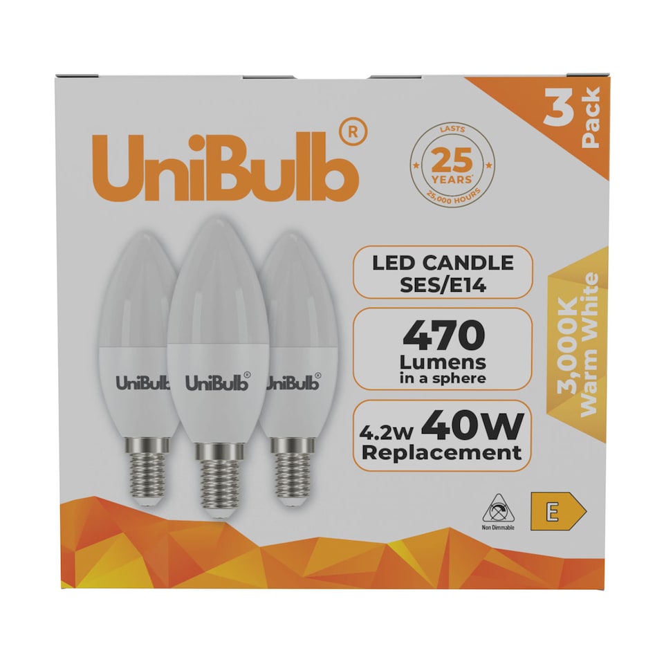 image 1 of UniBulb LED Candle E14 (SES) 470lm 4.2W 3000K (Warm White) Light Bulb - Pack of 3 | White | Warm White | 3