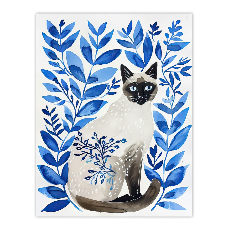 image 1 of Siamese Cat Lover and Blue Plants Pet Portrait Black Framed Wall Art Print A4