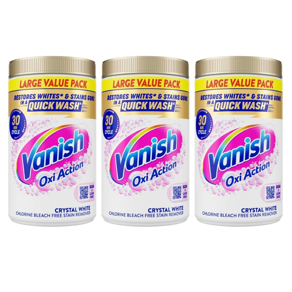 image 1 of Vanish Oxi Action Crystal White Powder Fabric Stain Remover & Whitener 3 x 1.5kg (total 4.5 kg) for white fabric tough stains