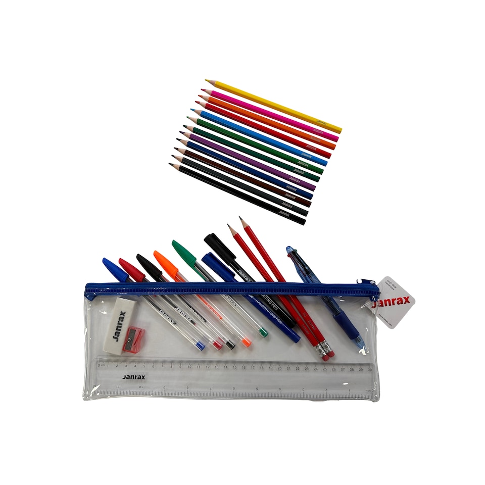 image 1 of Stationery Filled Blue Zip 13x5" Pencil Case with Colouring Pencils