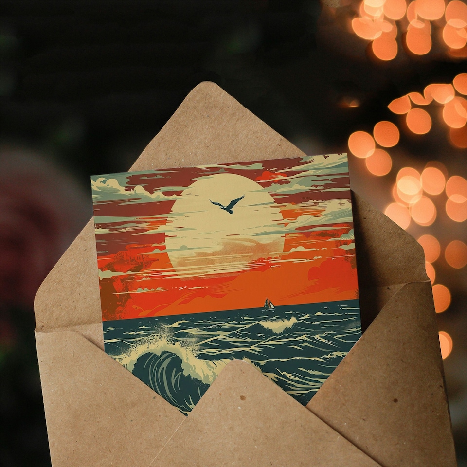 image 1 of Ocean Waves At Sunset Seascape Bird Him Her Birthday Card