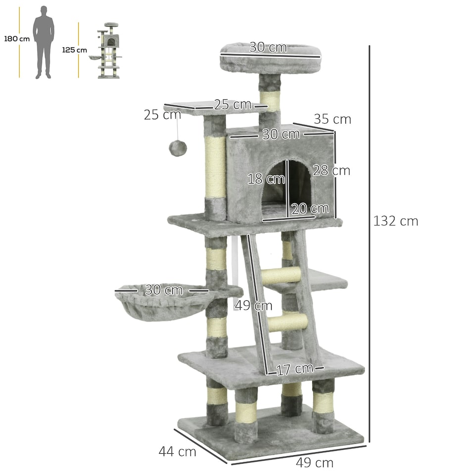 image 1 of PawHut 132cm Cat Activity Centre for Large Cats with Scratching Posts Grey
