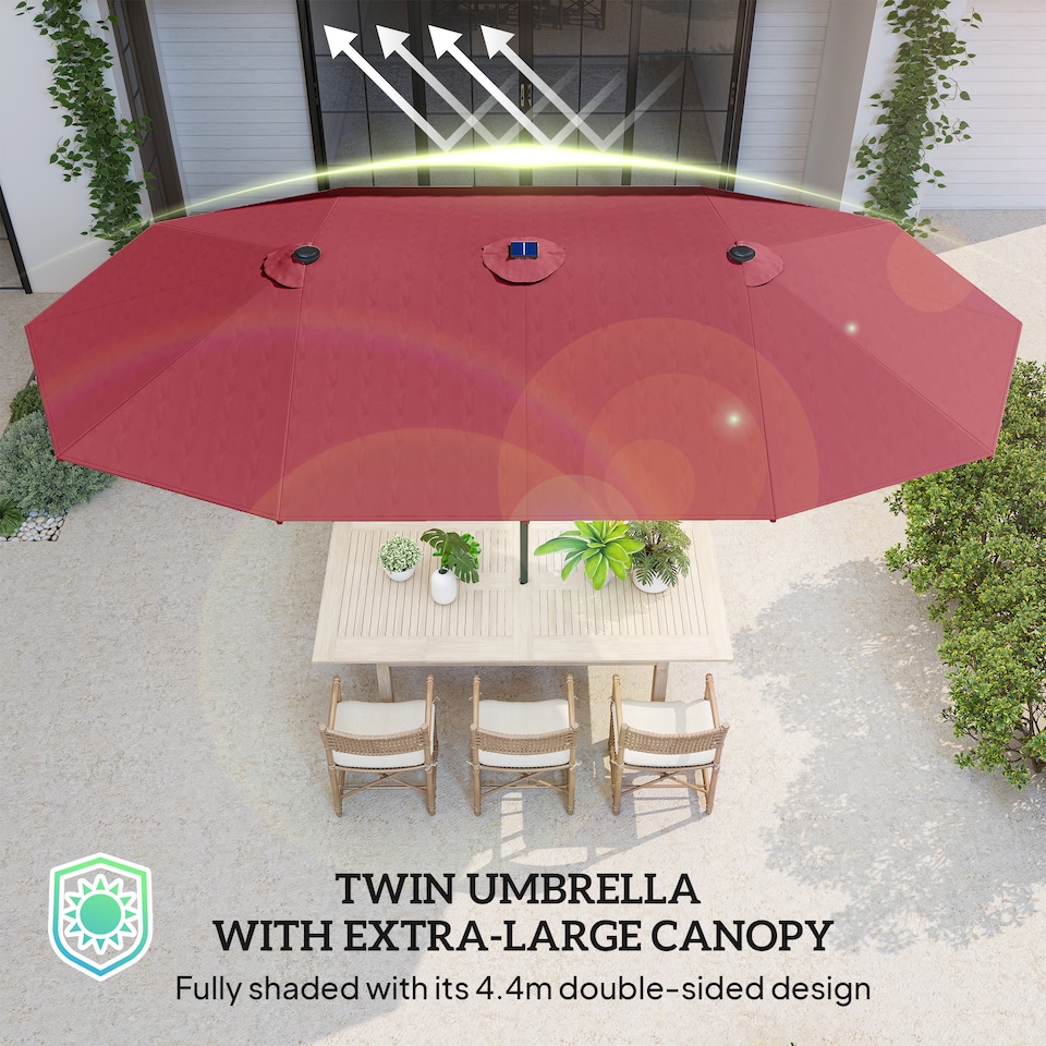 image 1 of Outsunny 4.4m DoubleSided Sun Umbrella Garden Parasol Patio Sun Shade Outdoor with LED Solar Light, NO BASE INCLUDED, Wine Red