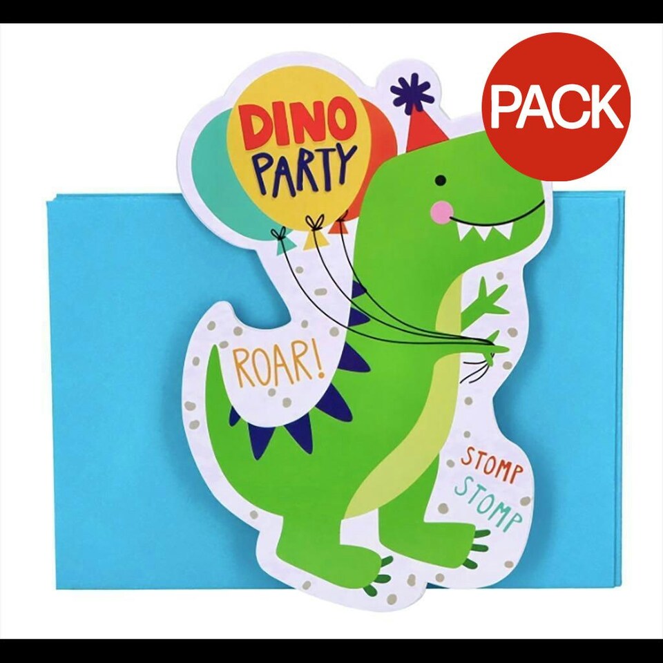 Amscan Dino-Mite Dinosaur Invitations (Pack of 8) - Green/Blue/White - One Size