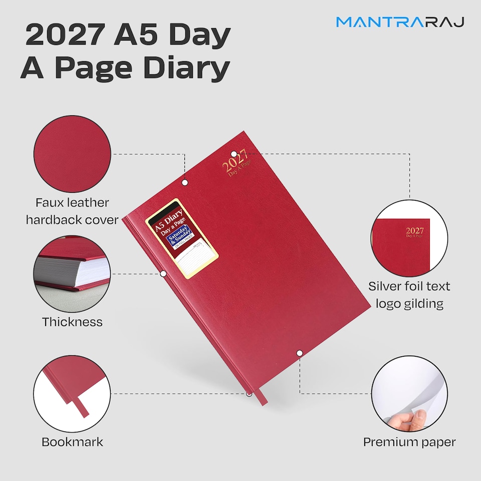 image 1 of MantraRaj 2027 Diary A5 Day a Page Hardback Casebound Cover Desk Diary Organiser Planner Red