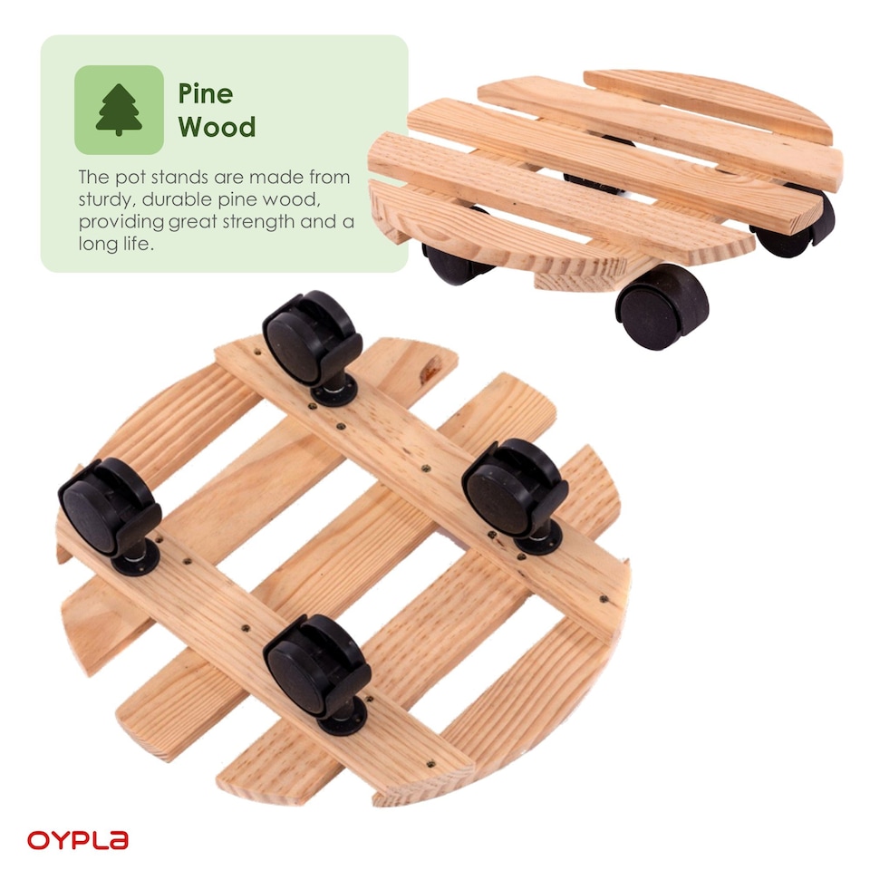 image 1 of Set of 2 30cm Wooden Plant Flower Pot Mobile Mover Trolley Stands