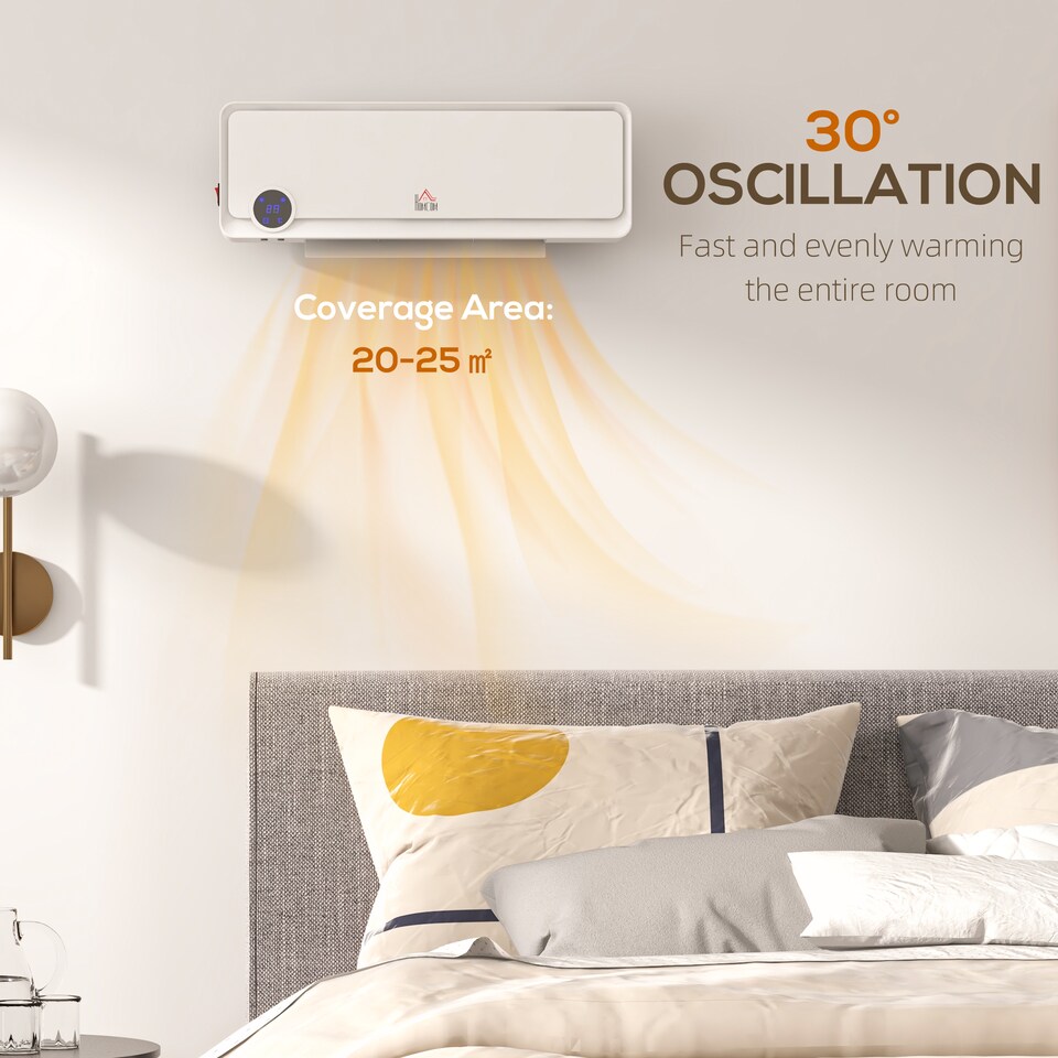 image 1 of HOMCOM Wall Downflow Heater 2 Heat and Fan 1000W2000W, Electric Space Heater with Timer Remote Oscillating, for Bedroom Home Office, White