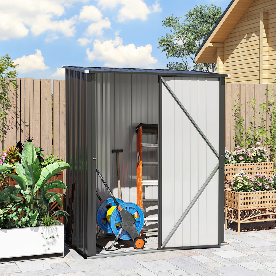 image 1 of Outsunny 5ft x 3ft Lean to Garden Shed, Metal Outdoor Storage Shed with Single Lockable Door, Tool Storage Shed for Garden, Patio, Black