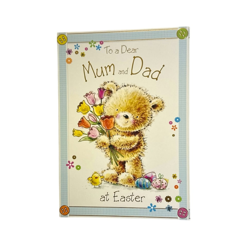 image 1 of To Dear Mum And Dad  Cute Teddy Holding Tulip Flowers Design Easter Card