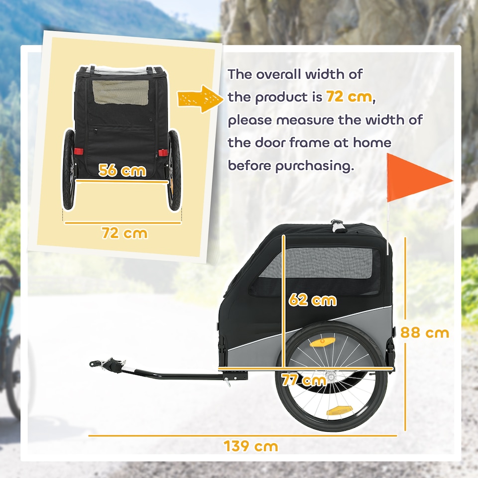 image 1 of PawHut Dog Bike Trailer for Small & Medium Pets with 20" Rubber Wheels, Grey