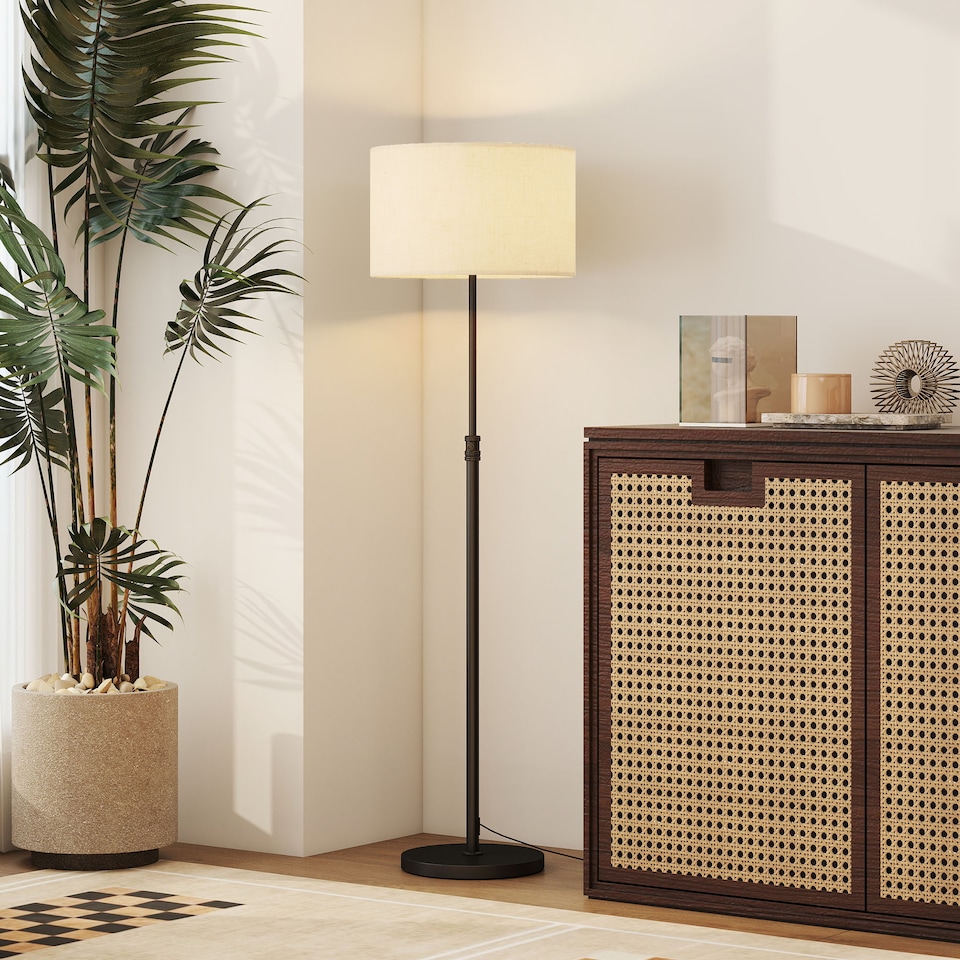 image 1 of HOMCOM Floor Lamp with Remote, Height Adjustable Standing Lamp with Linen Shade, Dimmable with 3000K-6000K Adjustable Colour Temperatures, Foot Switch for Living Room Bedroom Office, Black | Black