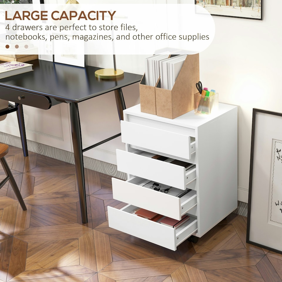 image 1 of HOMCOM Mobile Vertical Filing Cabinet with 4 Drawers for Home Office, White White
