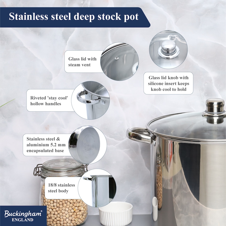 image 1 of Buckingham Deep Stock Pot Stainless Steel with Glass Lid 28 cm , 13.5 Litre