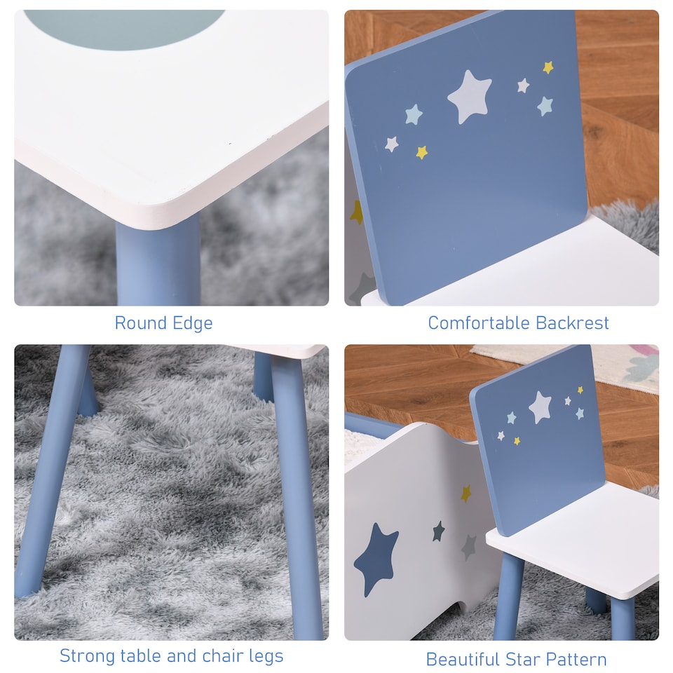 image 1 of HOMCOM 3 Pcs Kids Table & Chairs Dining Set Wood Legs Safe Corners Stars Seating