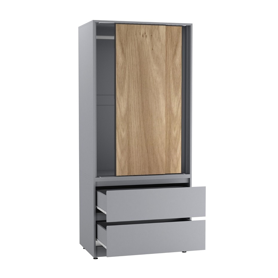 image 1 of URBNLIVING 2 Sliding Door Wardrobe With 2 Drawers And Hanging Rail | Grey | Oak Doors | 1