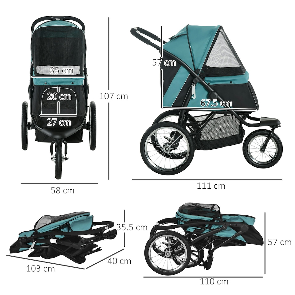 image 1 of PawHut 3 Wheel Pet Stroller, for Medium Small Dogs, Foldable Cat Pram - Green