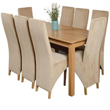 Oslo 180 x 90 cm Large Oak Dining Table and 8 Lola Fabric Chairs | Brown | Beige