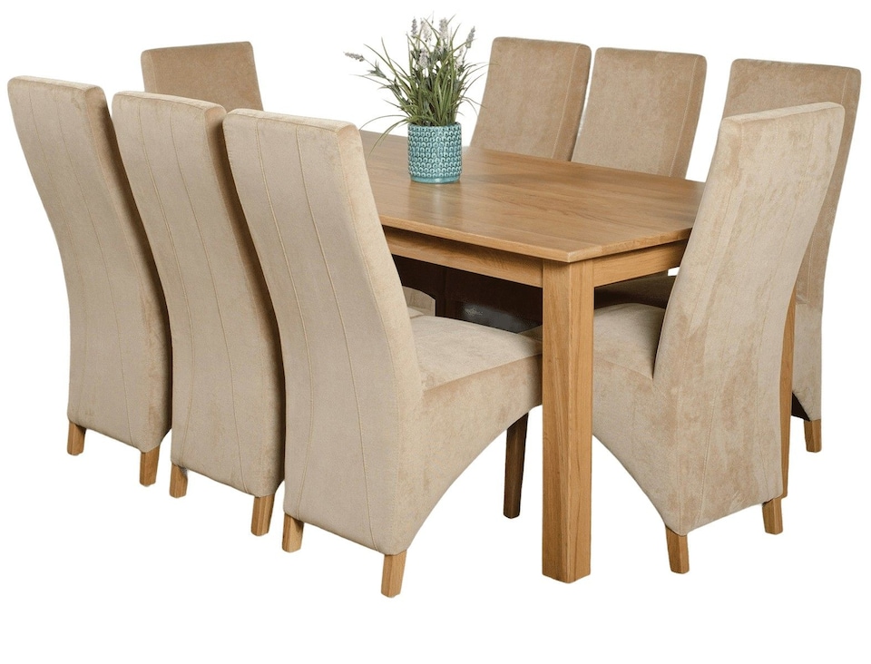 image 1 of Oslo 180 x 90 cm Large Oak Dining Table and 8 Lola Fabric Chairs | Brown | Beige
