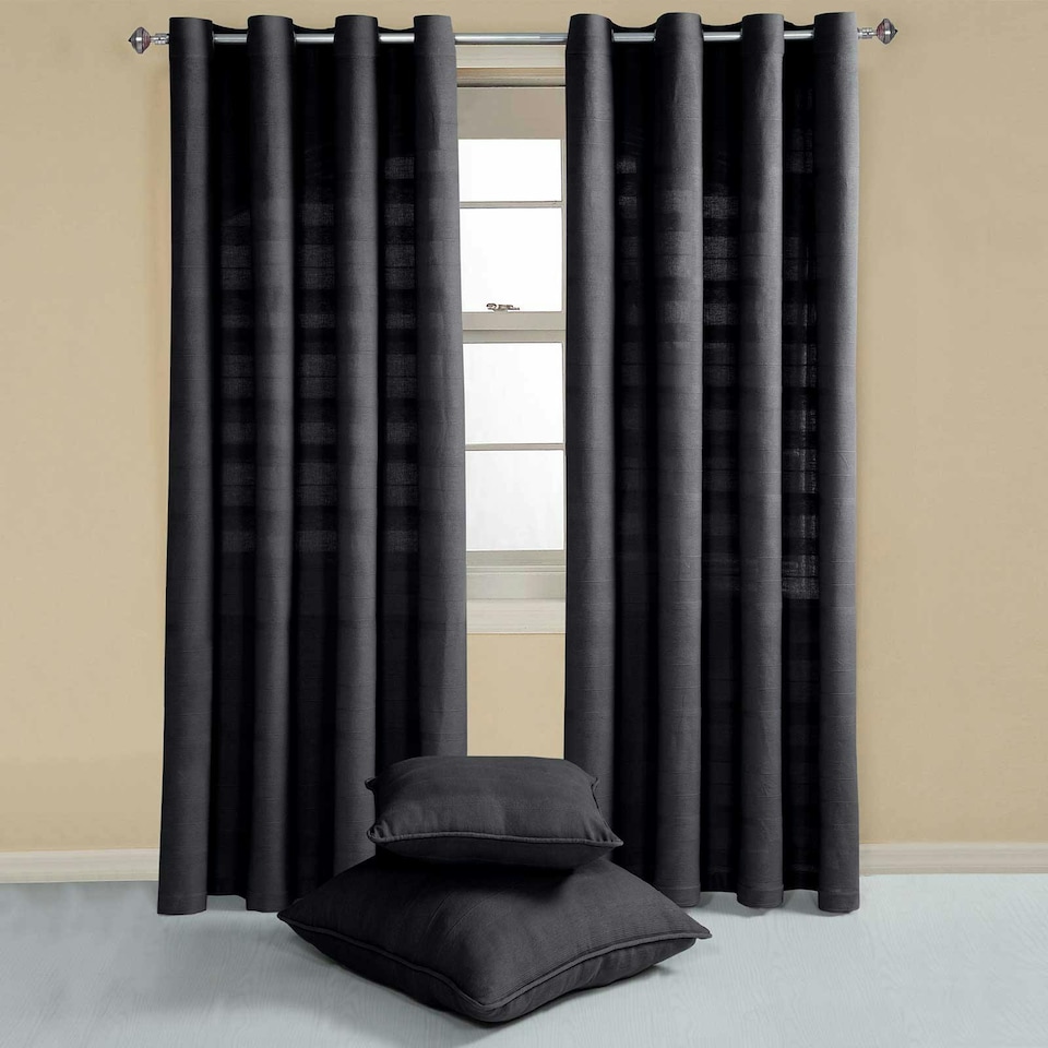 Homescapes Cotton Rajput Ribbed Black Curtain Pair - 66 x 72 Inches ...