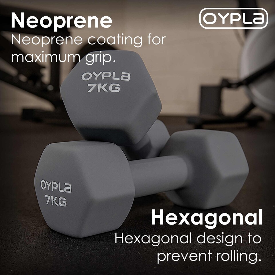image 1 of Pair of 7kg Hex Anti Roll Neoprene Non Slip Hand Dumbbells Workout Weights