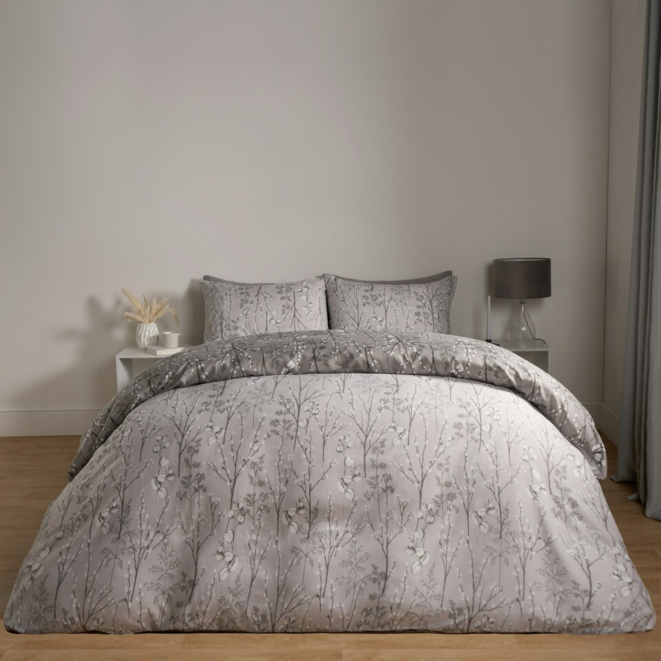 image 1 of OHS Willow Print Reversible Duvet Quilt Cover and Pillowcase Set, Single - Grey