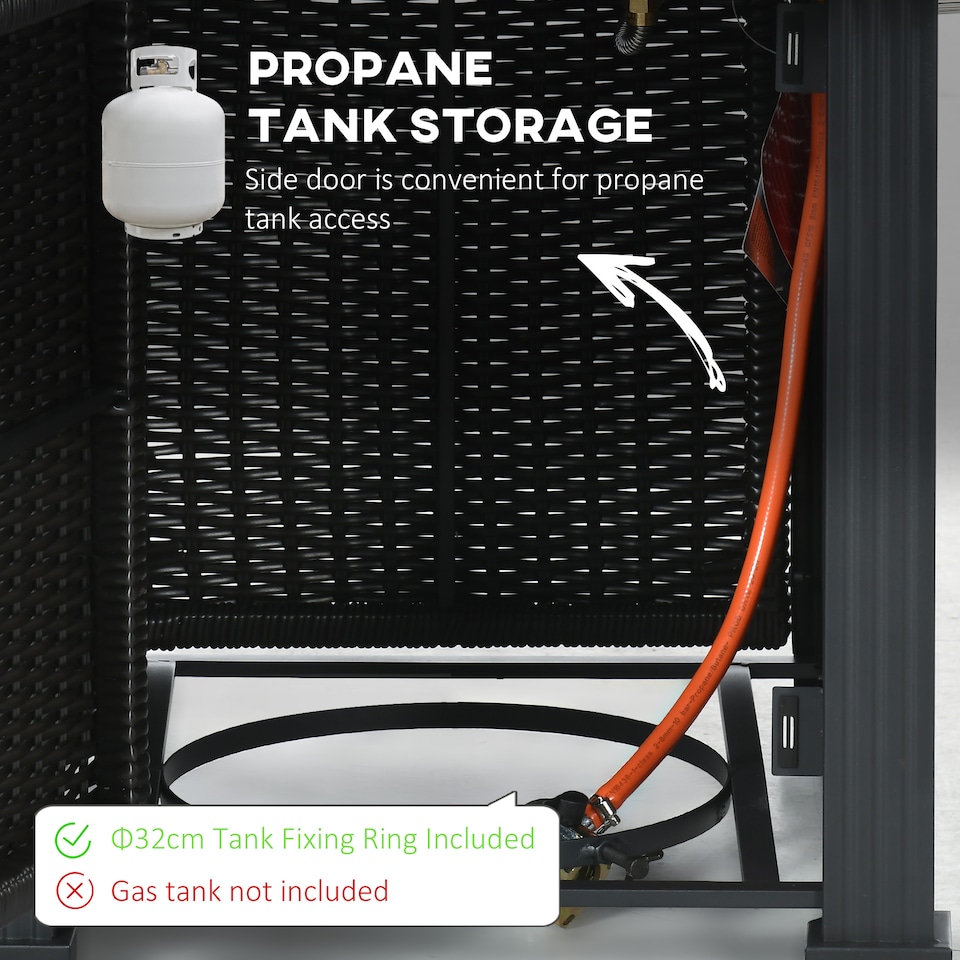 image 1 of Outsunny Outdoor PE Rattan Gas Fire Pit Table, Patio Square Propane Heater with Marble Desktop, Rain Cover, Glass Windscreen, and Glass Stones, 50,000 BTU, Black