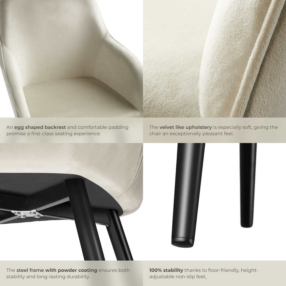 image 1 of Dining Chair Marilyn - with armrests, padded, velvet look, black steel legs - Set of 2 Cream | Cream/Black