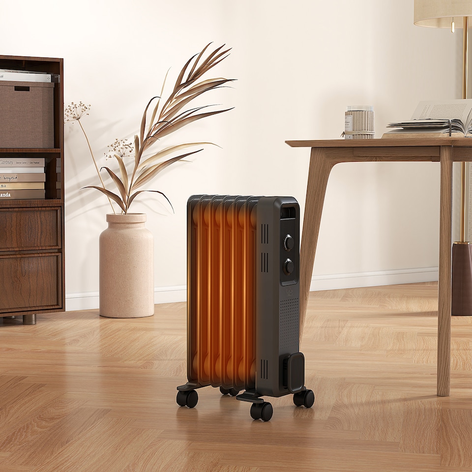 image 1 of HOMCOM 1500W Oil Filled Radiator, Portable Electric Heater with 3 Heat Settings, Safety Cut-Off and Wheels, Grey