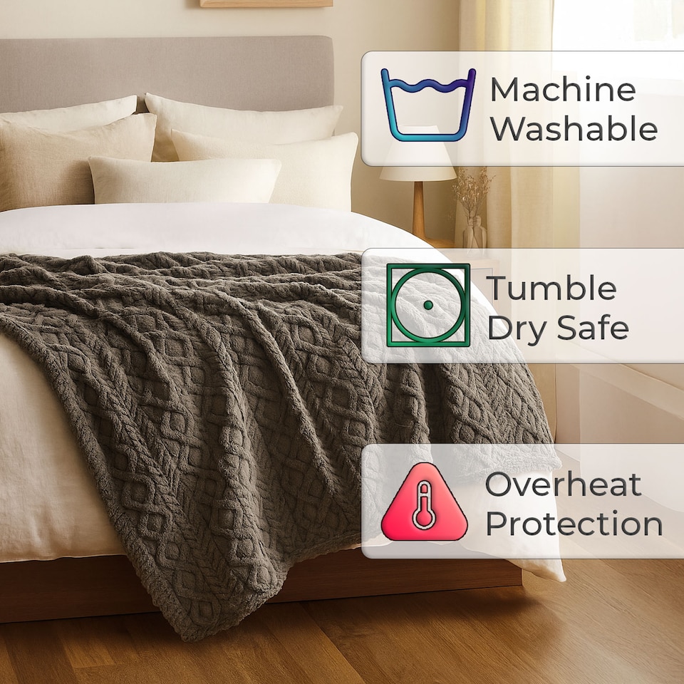 image 1 of Neo Electric Cable Knit Heated Throw Reversible Blanket Fleece Sherpa 9 Heat Settings Machine Washable | Grey | GREY | One Size | 1