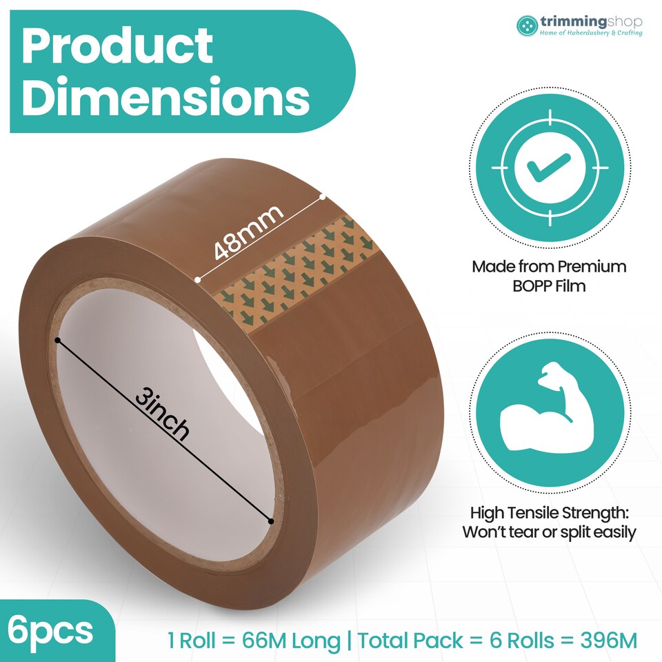 image 1 of 48mm x 66m Brown BOPP Packing Tape, Heavy-Duty Adhesive Tape - 6pcs