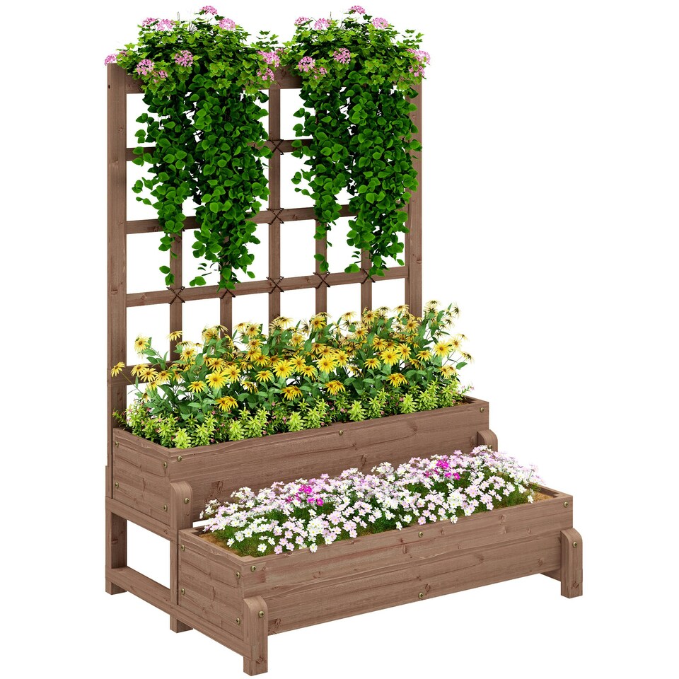 image 1 of Outsunny 2-Tier Wooden Raised Bed with Trellis and Drainage Holes Brown
