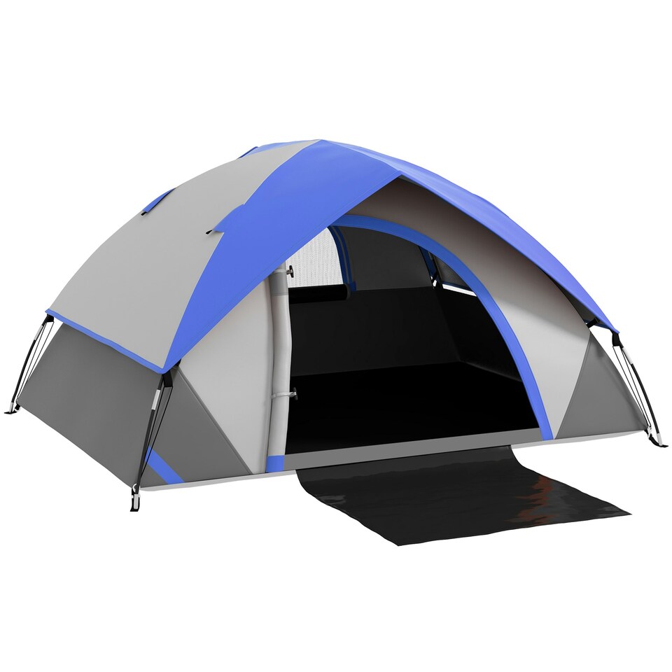 image 1 of Outsunny 2 Man Camping Tent w/ Sewn-in Groundsheet, 3000mm Waterproof, Blue Grey | Grey and Dark Blue | 210L x 150W x 110Hcm