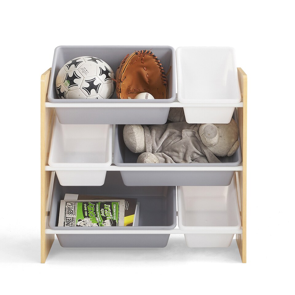 image 1 of Hooga Wooden Toy Storage Unit with 6x Removable Toy Boxes - Children's Toy Organiser, 3 Shelves | Brown | Natural Wood | One Size | 1