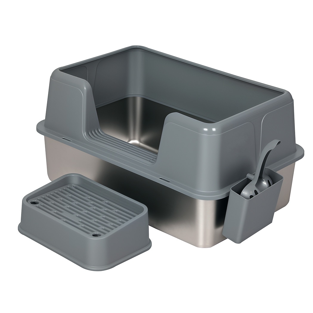 Skylos Stainless Steel Cat Litter Box High Sided Litter Tray Scoop Pedal