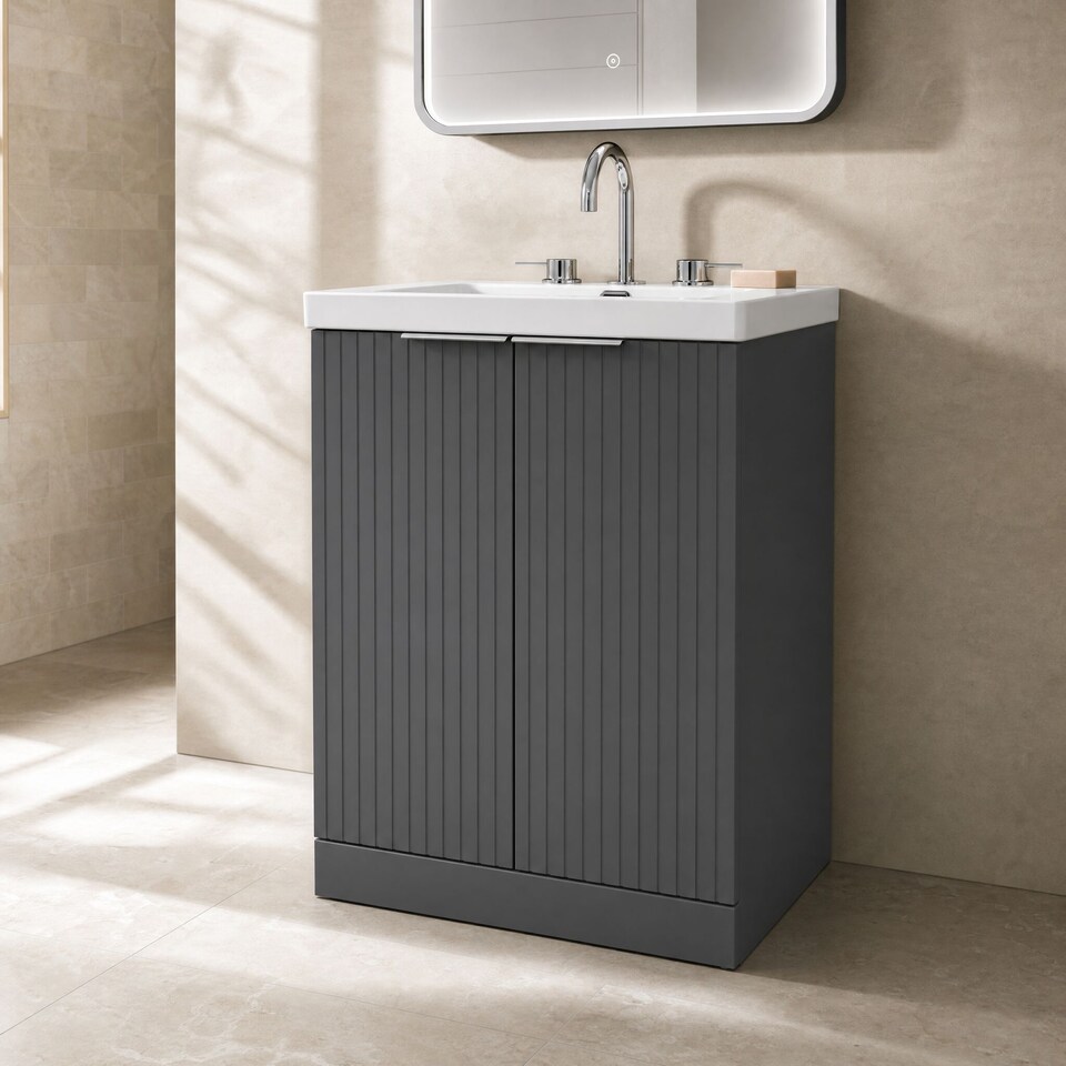 image 1 of Balterley Callingwood Contemporary Floor Standing 2 Door Vanity Unit with 3 Tap Hole Fireclay Basin , 600mm, Dark Grey