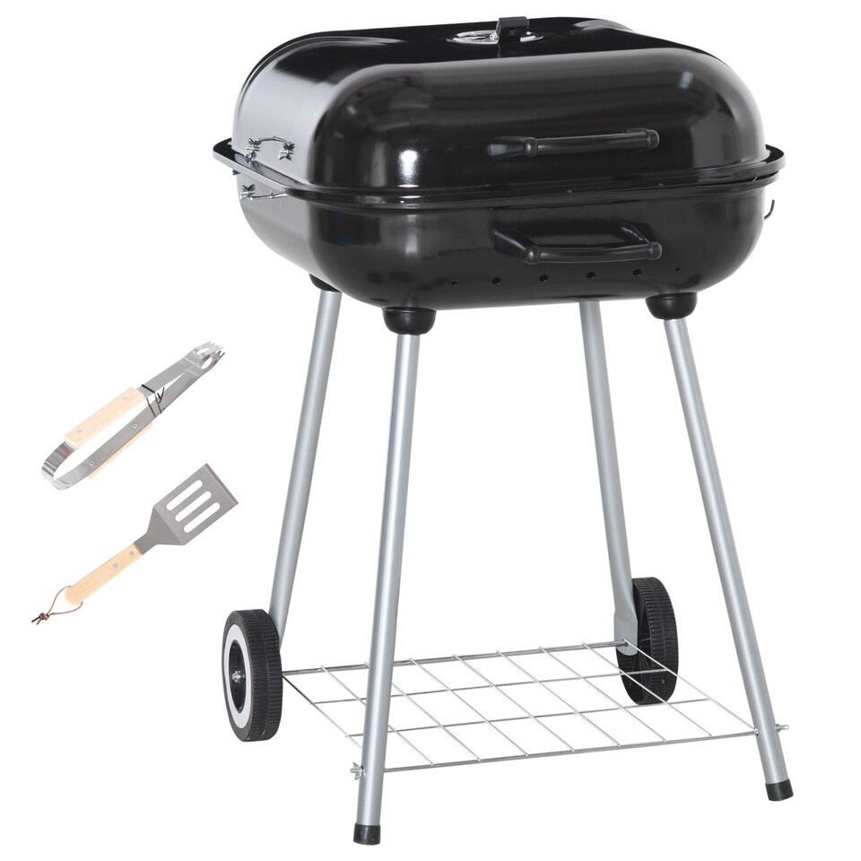 image 1 of Outsunny BBQ Charcoal Smoker Grill Trolley with 2 Wheels and Grilling Utensils