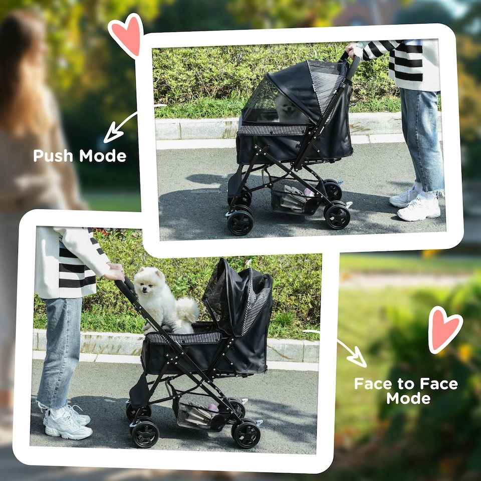 image 1 of PawHut Pet Stroller Dog Foldable Travel Carriage with Reversible Handle, Black