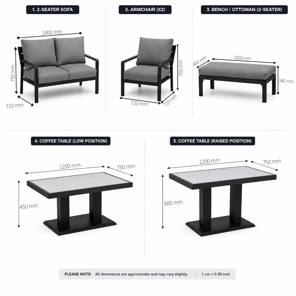 image 1 of 4 Seater 5 Piece Aluminium Garden Sofa Dining Set with Gas Lift Table, Ottoman Bench & Terracotta Cushions