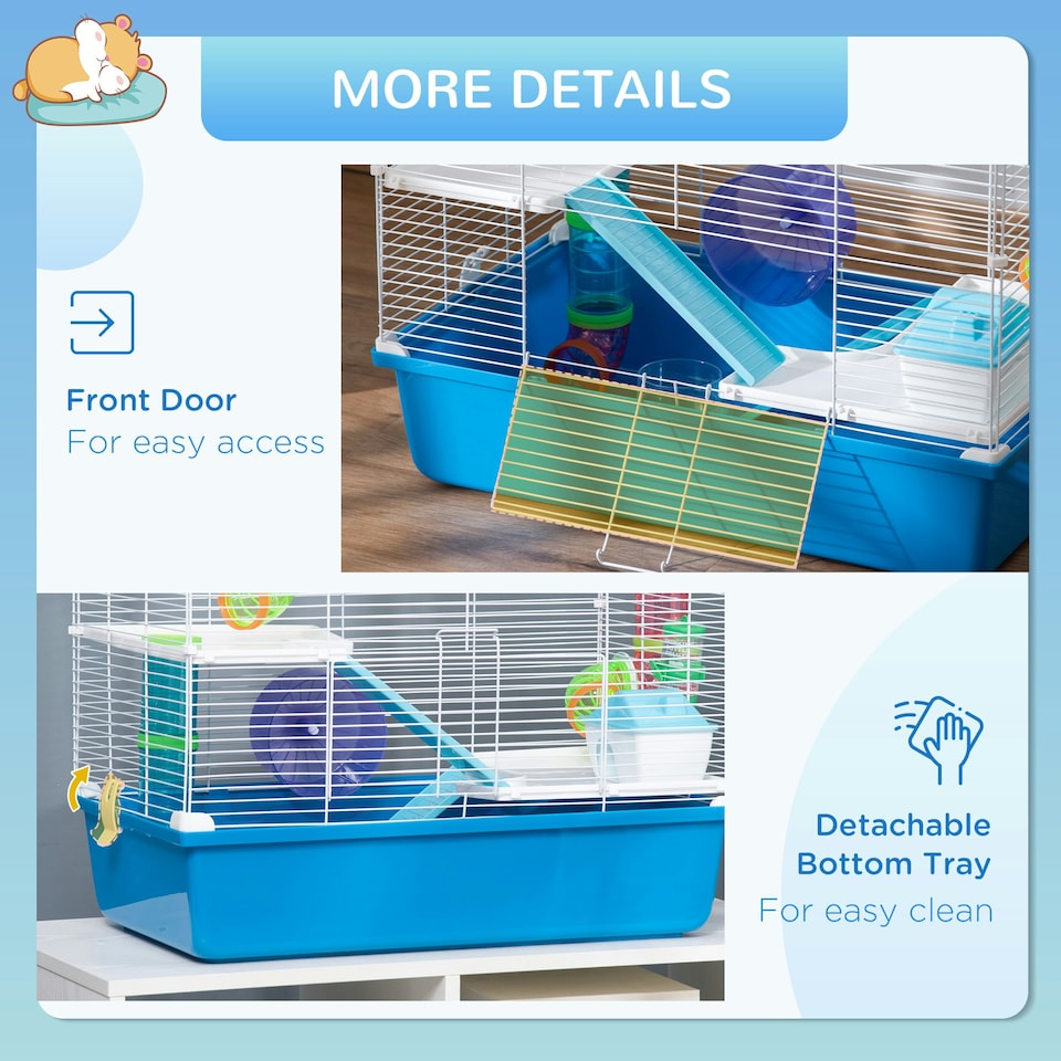 image 1 of PawHut Hamster Cage w/ Tubes Exercise Wheel, Water Bottle, Food Dish - Blue