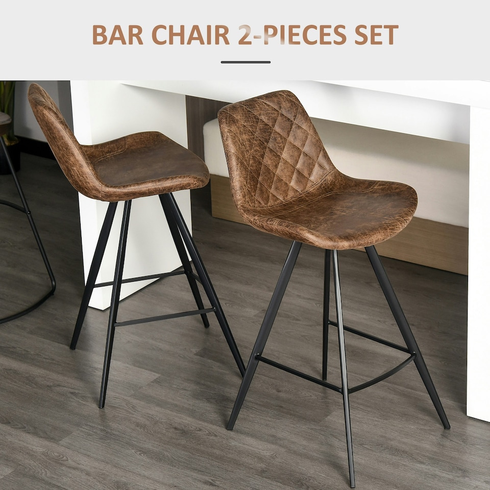 image 1 of HOMCOM Set Of 2 Bar Stools Vintage Microfiber Cloth Tub Seats Padded Steel Brown