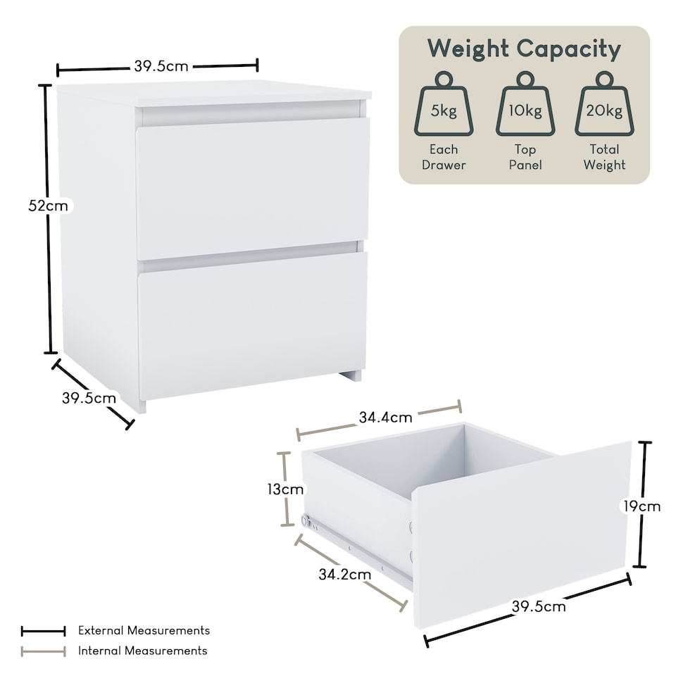 image 1 of Vida Designs Denver Large 2 Drawer Chest of Drawer Bedside Cabinet Nightstand Units Set of 2 - White