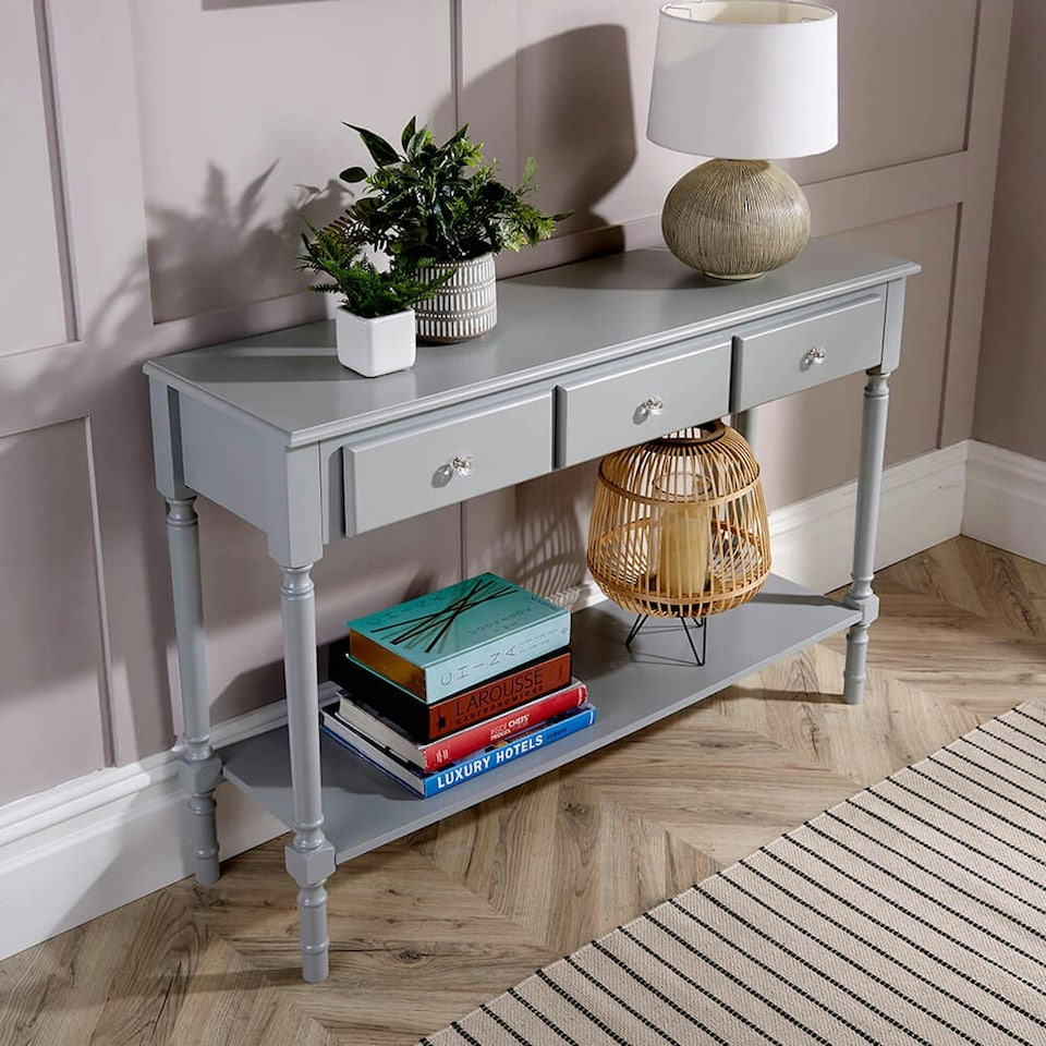 image 1 of Hallway Console Table Stylish Grey Painted Wooden 3 Drawer Side Desk Undershelf Grey